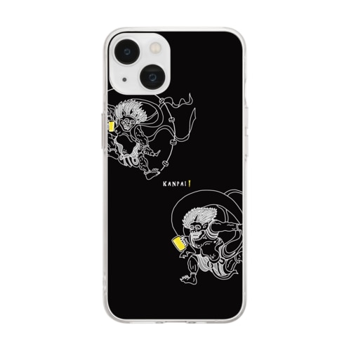 名画 × BEER（風神雷神）白線画-ブラック Soft Clear Smartphone Case
