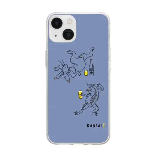 名画 × BEER（鳥獣戯画）黒線画-ブルーグレー Soft Clear Smartphone Case