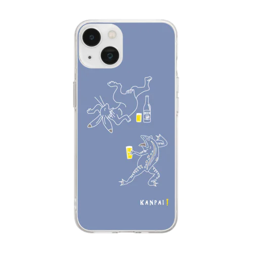 名画 × BEER（鳥獣戯画）白線画-ブルーグレー Soft Clear Smartphone Case