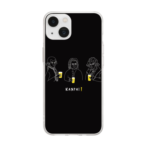 偉人 × BEER（三人の音楽家）白線画-ブラック Soft Clear Smartphone Case