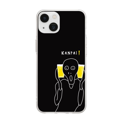 名画 × BEER（ムンクの叫び）白線画-ブラック Soft Clear Smartphone Case