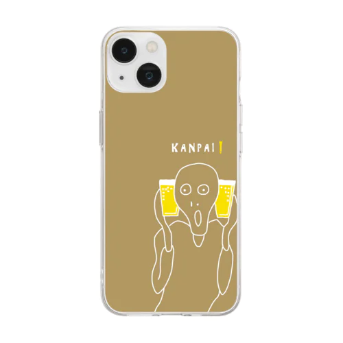 名画 × BEER（ムンクの叫び）白線画-ベージュ Soft Clear Smartphone Case