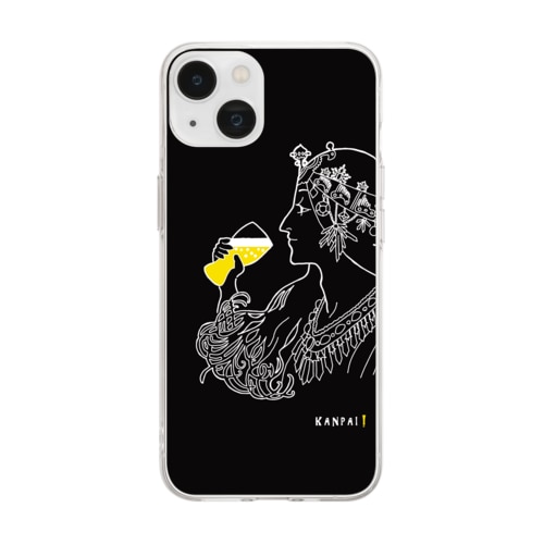 名画 × BEER（ミュシャ）白線画-ブラック Soft Clear Smartphone Case