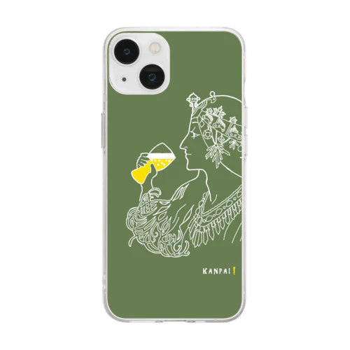 名画 × BEER（ミュシャ）白線画・大-グリーン Soft Clear Smartphone Case