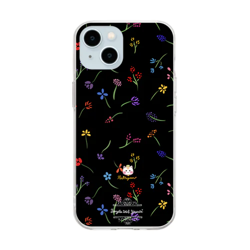 くすみカラー【小花柄☆れぉにゃん】ブラック Soft Clear Smartphone Case