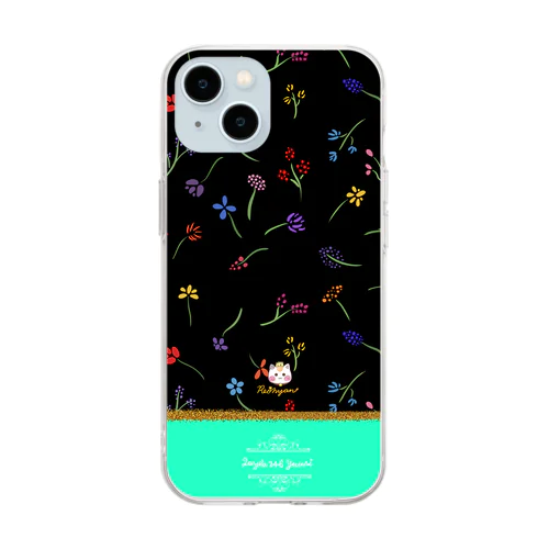 バイカラー【小花柄☆れぉにゃん】ターコイズブルー×黒カラー Soft Clear Smartphone Case