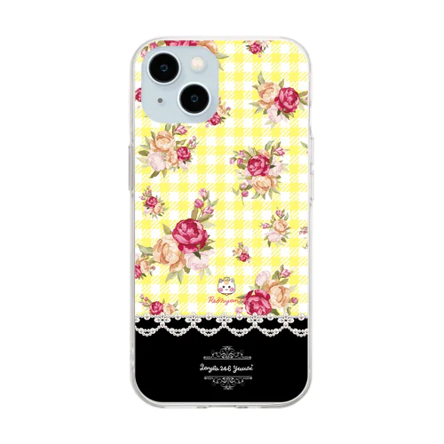 【黄色チェック柄🌹バラ】パールチェーン Soft Clear Smartphone Case