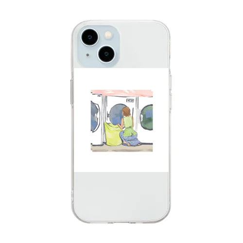 コインランドリーで覗き込む女性 Soft Clear Smartphone Case