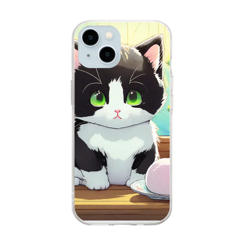 お餅と白黒猫 Soft Clear Smartphone Case