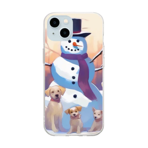 犬の家族と雪だるま Soft Clear Smartphone Case