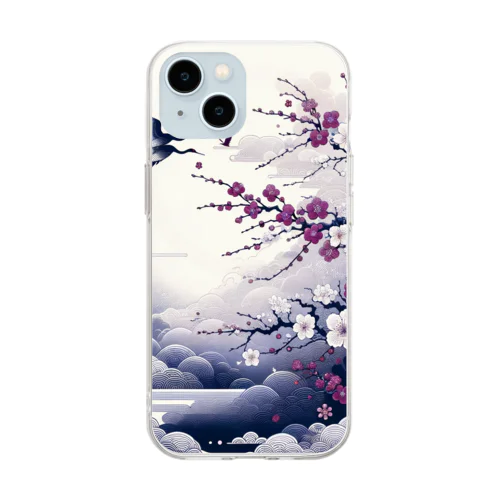 白背景の和風夜景 - 月と梅と鶴 Soft Clear Smartphone Case