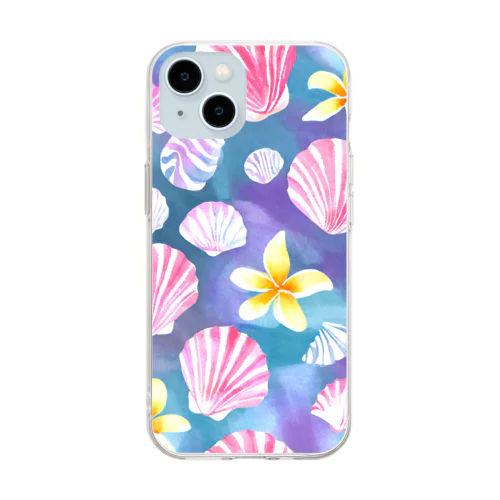 プルメリアフラワー＆シェル　plumeria flower & shell Soft Clear Smartphone Case