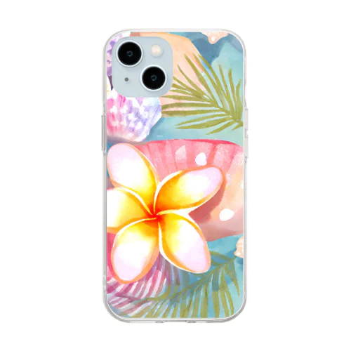 プルメリアフラワー＆シェル　plumeria flower & shell Soft Clear Smartphone Case