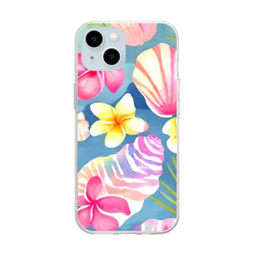 プルメリアフラワー＆シェル　plumeria flower & shell Soft Clear Smartphone Case