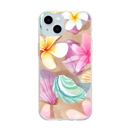 プルメリアフラワー＆シェル　plumeria flower & shell Soft Clear Smartphone Case