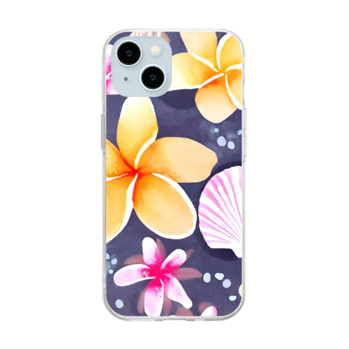 プルメリアフラワー＆シェル　plumeria flower & shell Soft Clear Smartphone Case