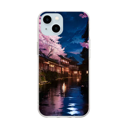 川と桜と明かり Soft Clear Smartphone Case