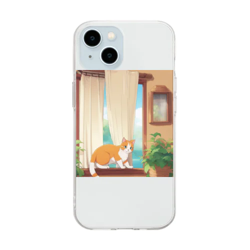 カーテンで遊んでいる猫 Soft Clear Smartphone Case