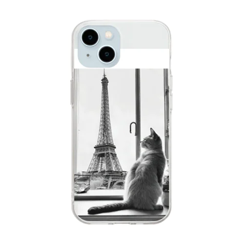 エッフェル塔と猫 Soft Clear Smartphone Case