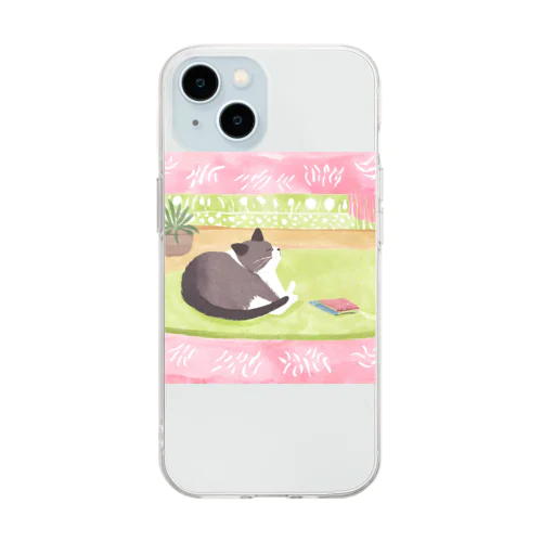 くつろぎキャットグレー Soft Clear Smartphone Case