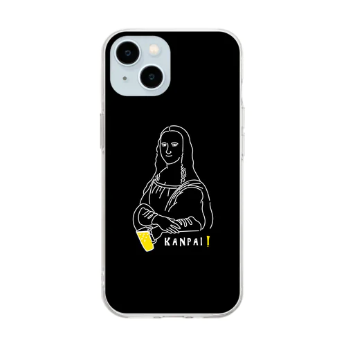 名画 × BEER（モナ・リザ）白線画-ブラック Soft Clear Smartphone Case