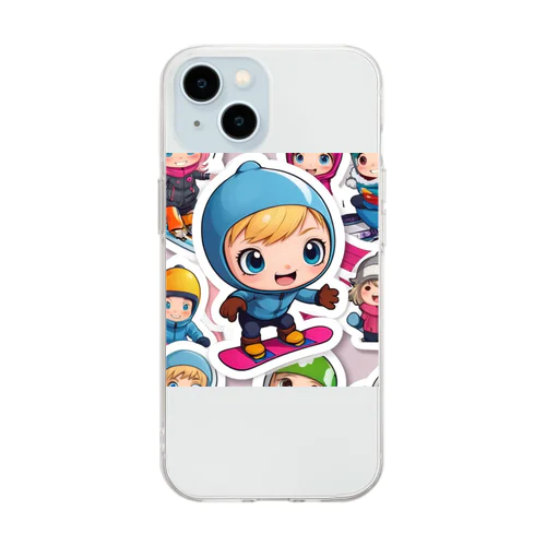 スノーボードとキャラクターたちのイラストグッズ Soft Clear Smartphone Case