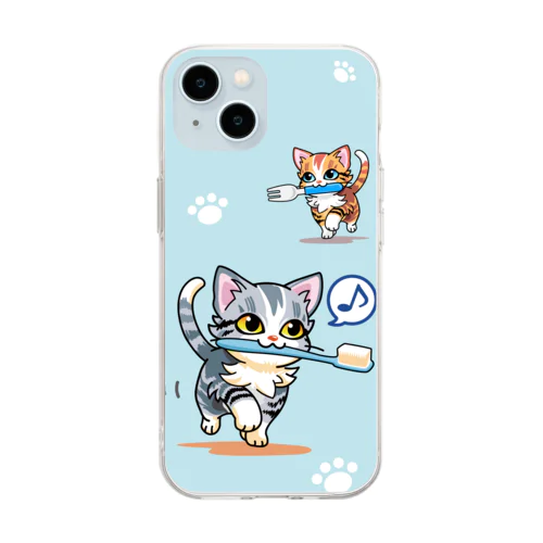 フォークをくわえたアメリカンショートヘアの子猫 Soft Clear Smartphone Case