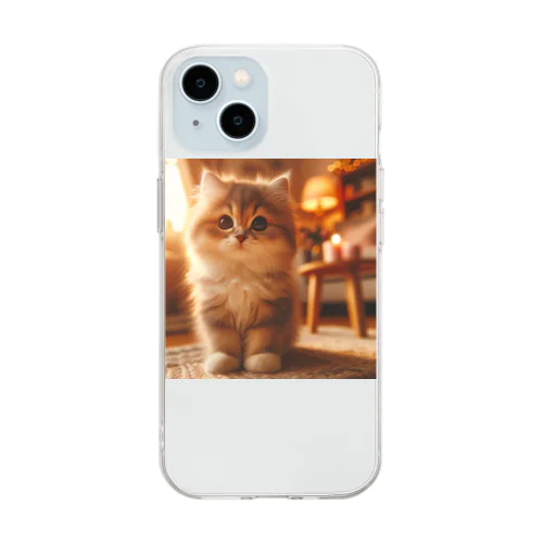 "居心地の良いリビングの中の遊び心ある猫" - A cozy living room scene featuring a playful cat. Soft Clear Smartphone Case