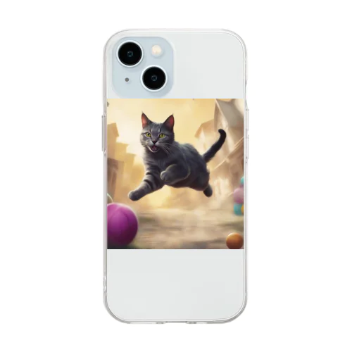 おもちゃを追いかけジャンプする猫ちゃん Soft Clear Smartphone Case