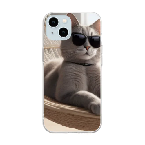 サングラスをかけている猫がハンモックでくつろいでいる。 Soft Clear Smartphone Case