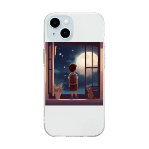 窓の中に立つ少年が、深い夜空を見つめている。 Soft Clear Smartphone Case