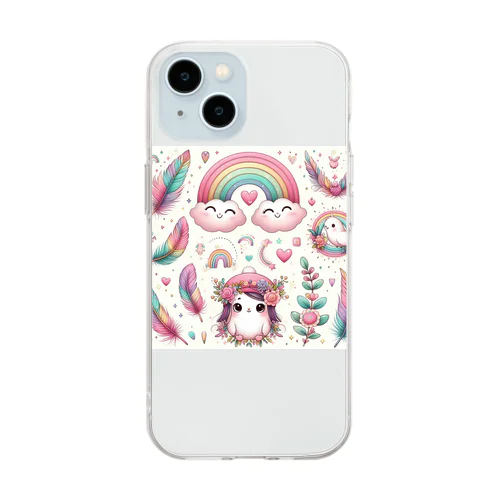 羽と虹のファンタジー Soft Clear Smartphone Case