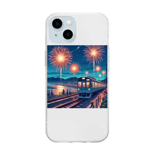 花火と列車 Soft Clear Smartphone Case