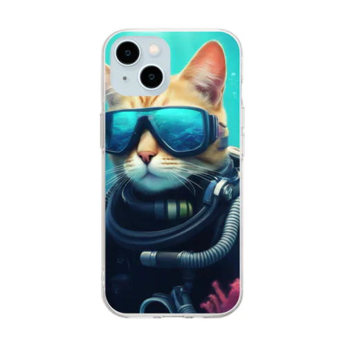 サングラスをかけてスキューバダイビングを楽しむ猫 Soft Clear Smartphone Case