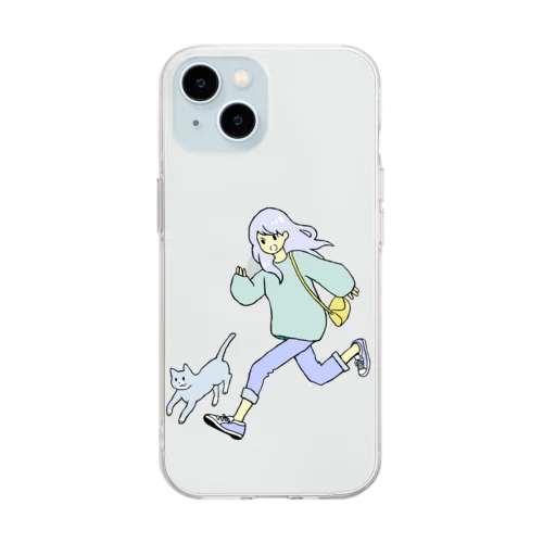 女の子と猫走る Soft Clear Smartphone Case