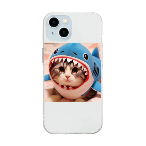 鮫の着ぐるみを着た猫 Soft Clear Smartphone Case