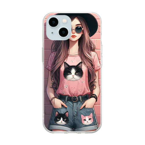 猫好きの女の子のファッション(1) Soft Clear Smartphone Case