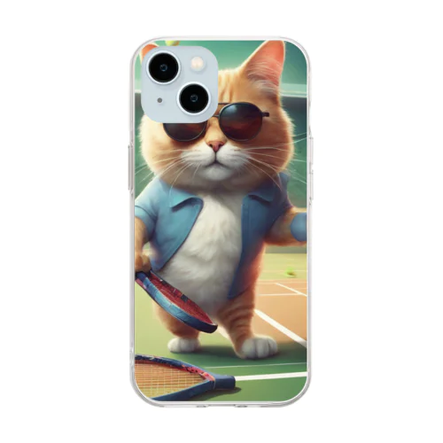 サングラス姿のお洒落な猫がテニスいいよ！ Soft Clear Smartphone Case