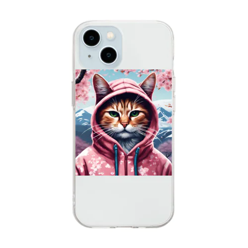 桜舞うなかオシャン猫 Soft Clear Smartphone Case