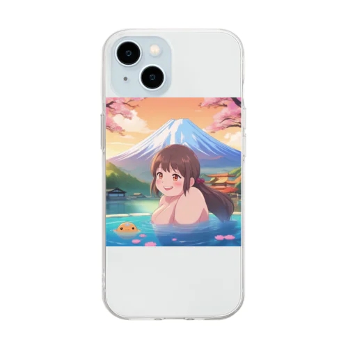 富士山絶景にある露天風呂のかわいい女の子 Soft Clear Smartphone Case