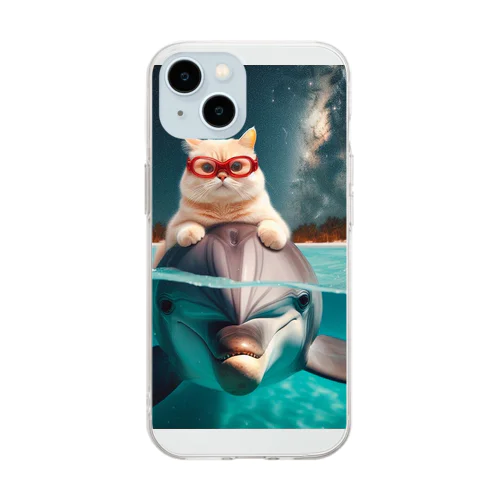 イルカと猫が海を共に泳ぐ異種間の絆が存在 Soft Clear Smartphone Case