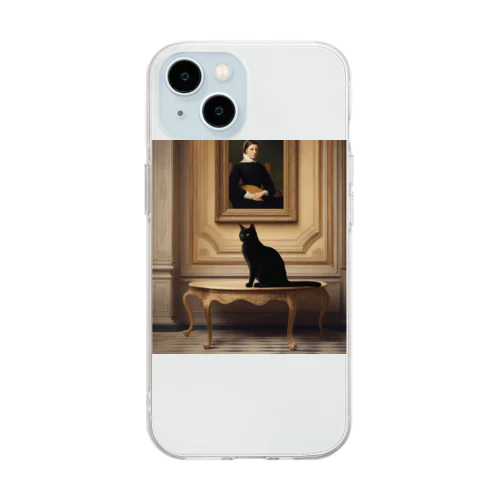 絵画をバックにたたずむ黒猫 Soft Clear Smartphone Case