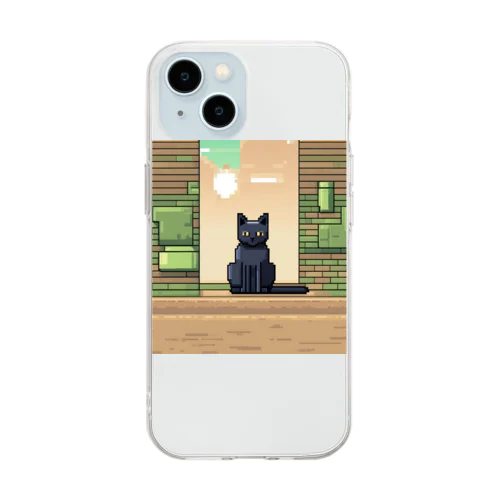 街中でたたずむ黒猫 Soft Clear Smartphone Case