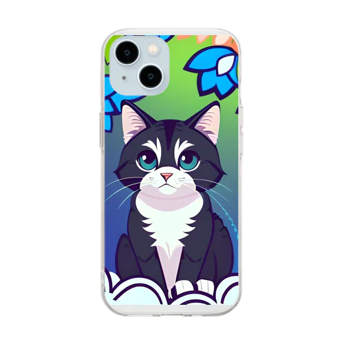 flowers and black cat Soft Clear Smartphone Case