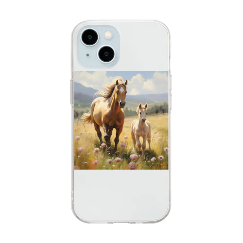 草原で遊ぶ馬の親子　Dream   2047 Soft Clear Smartphone Case