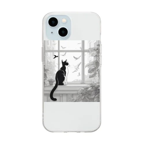 窓辺で鳥を見つめている猫 Soft Clear Smartphone Case