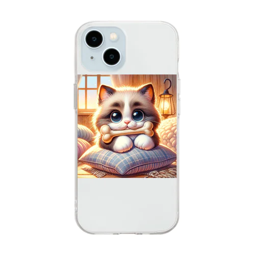 骨をくわえた猫ちゃん Soft Clear Smartphone Case