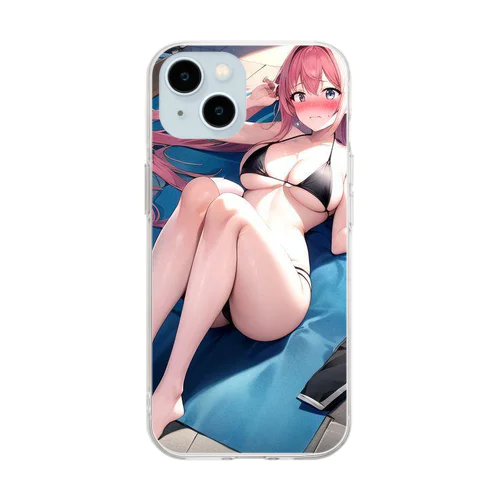 黒いビキニの女の子3（桃髪Ｖｅｒ．） Soft Clear Smartphone Case