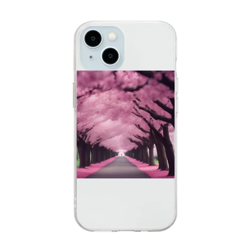 満開の桜道 Soft Clear Smartphone Case