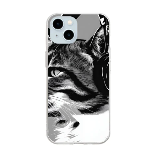 ヘッドホンをした猫 Soft Clear Smartphone Case